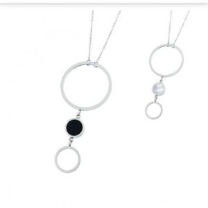 Long Reversible Necklace with circles in steel with black acrylic and white